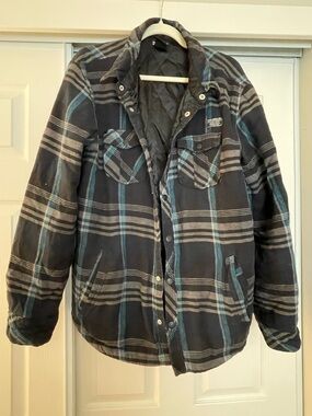 DC Shoes Quilted-Lined Plaid Button-Front Jacket / Shacket in Black and Teal